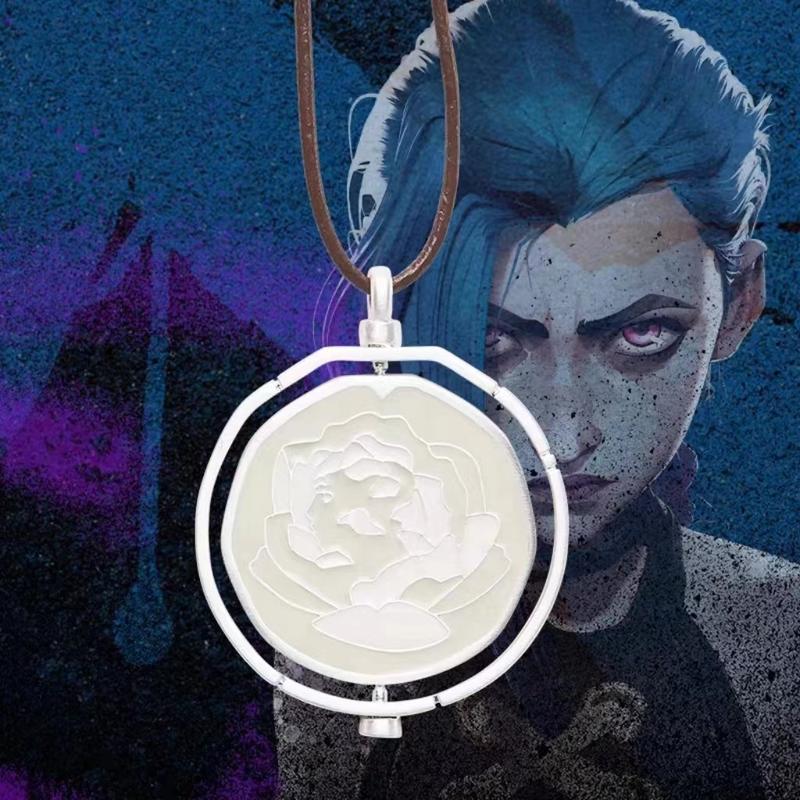 Arcane Season 2 Same Style Jinx Coen Ekko Head Portrait Rotating Blue Rose Pendant Necklace Lovers Friends Gifts