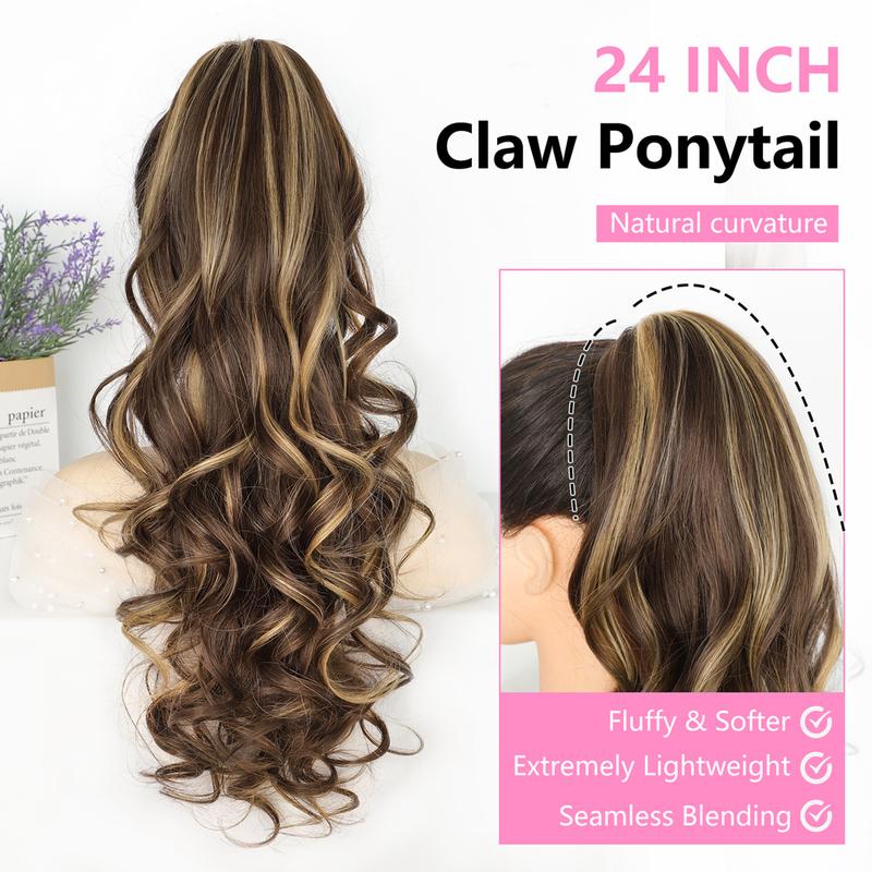 ALXNAN Ponytail Extension Claw Clip in Ponytail Extension for Women Long Curly Wavy Fluffy Hairpiece for Women Daily Party Use