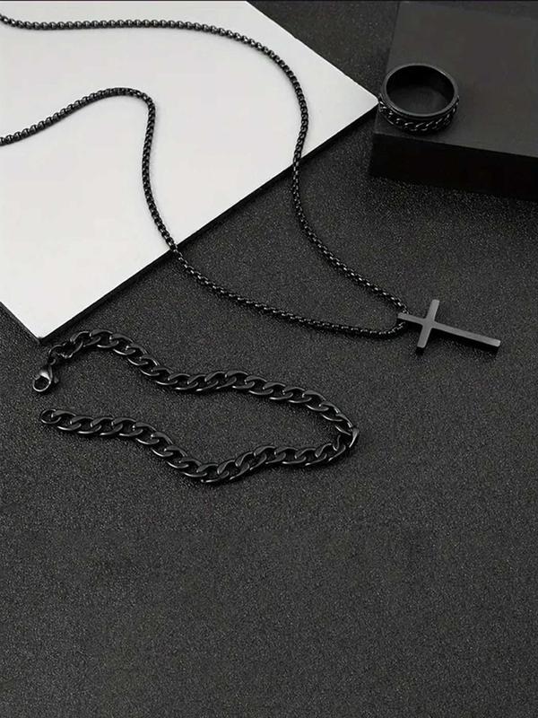 Men's Punk Hip Hop Cross Necklace & Curb Chain Bracelet & Ring, Fashion Jewelry Set for Party, Daily Decor, Trendy All-match & Exquisite Jewelry for Birthday Gift