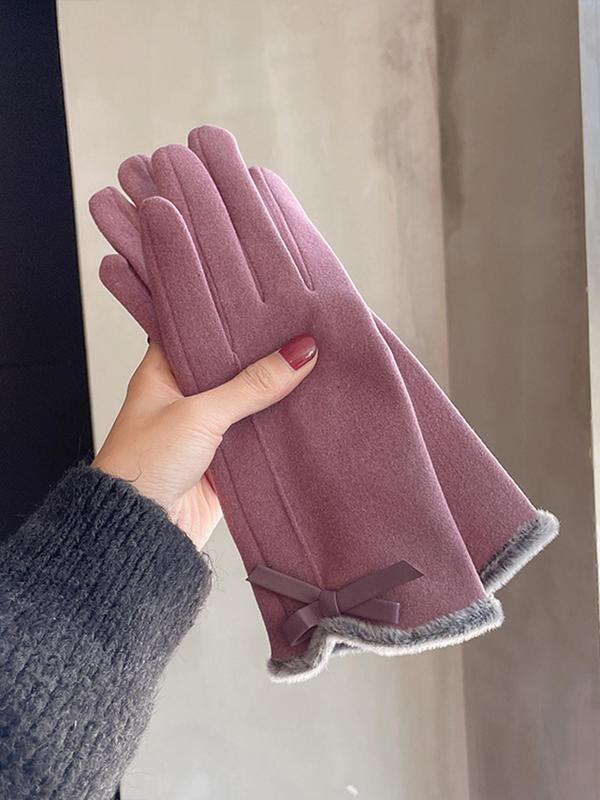 Women's Solid Color Bow Decor Gloves, Casual Trendy Warm Gloves for Fall & Winter, Fashionable Gloves for Women & Girls for Daily Use