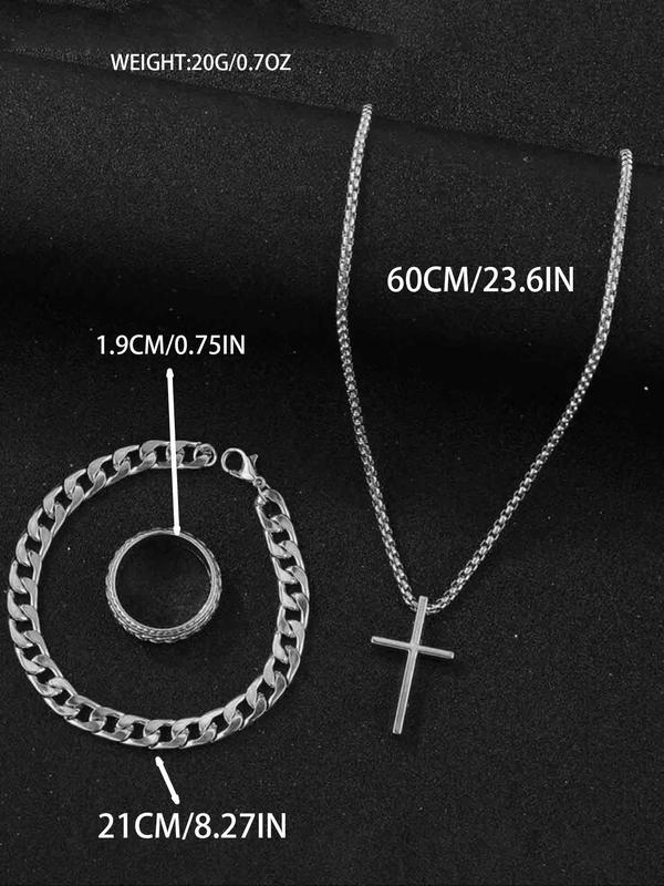 Men's Punk Hip Hop Cross Necklace & Curb Chain Bracelet & Ring, Fashion Jewelry Set for Party, Daily Decor, Trendy All-match & Exquisite Jewelry for Birthday Gift