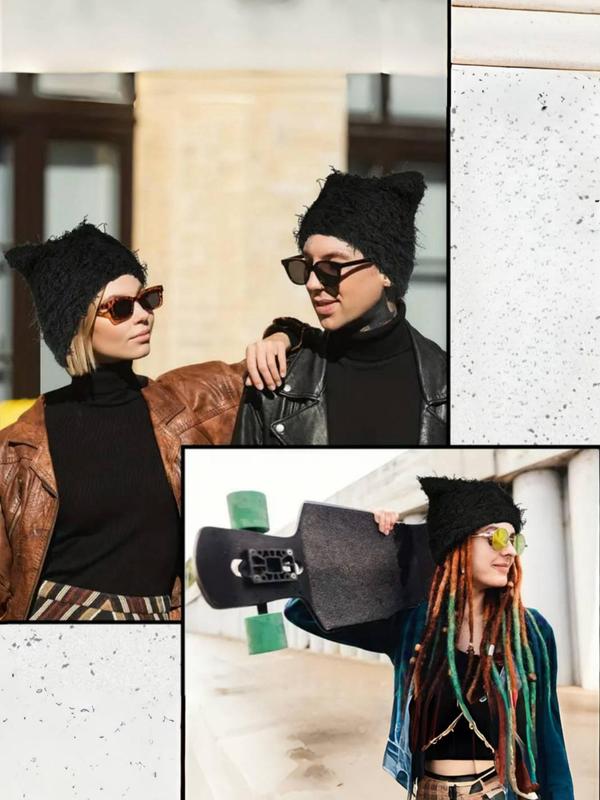 Solid Color Cat Ear Design Y2K Beanie Hat, Street Style Warm Knit Hat for Fall & Winter, Fashion Accessories for Both Men & Women