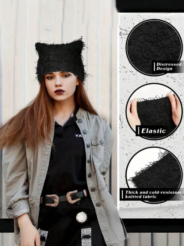 Solid Color Cat Ear Design Y2K Beanie Hat, Street Style Warm Knit Hat for Fall & Winter, Fashion Accessories for Both Men & Women