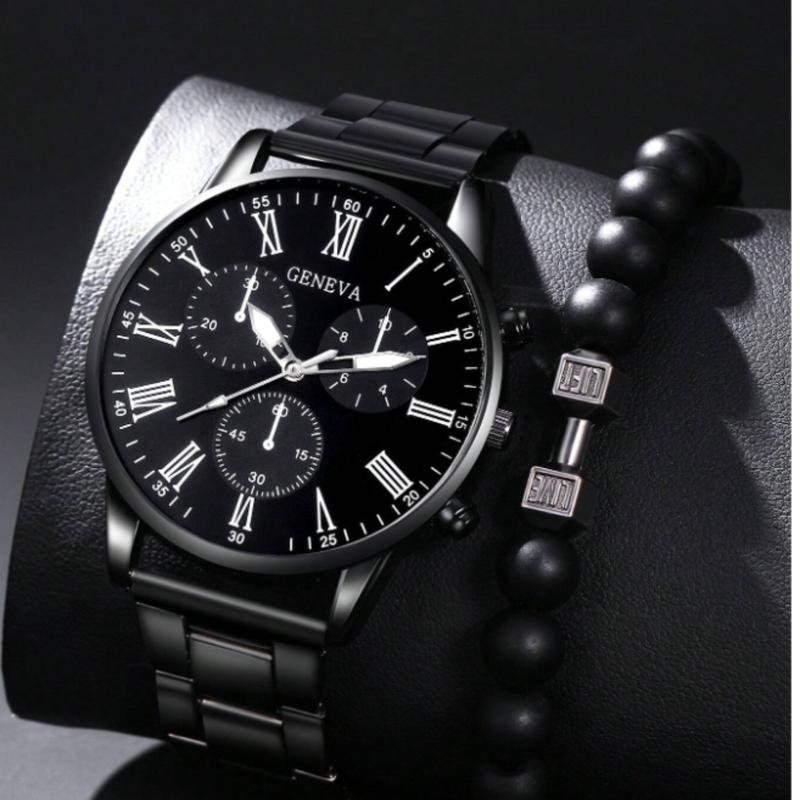 Men Watch 2pcs Set Men's Black Stainless Steel Band Roman Dial Quartz Watch And Dumbbell Beaded Bracelet Jewelry Set Watch For Men Father's Day Gifts