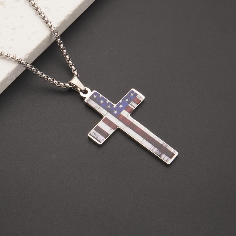 American Flag Patriotic Cross Pendant Necklace Religious Jewelry for Men