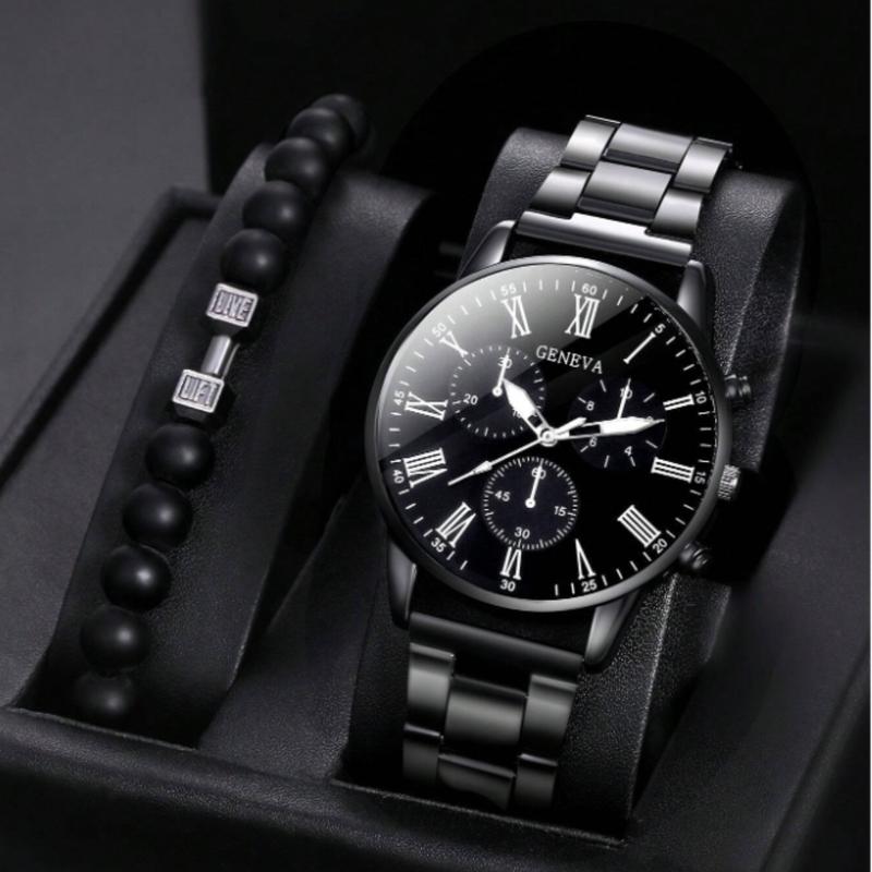 Men Watch 2pcs Set Men's Black Stainless Steel Band Roman Dial Quartz Watch And Dumbbell Beaded Bracelet Jewelry Set Watch For Men Father's Day Gifts