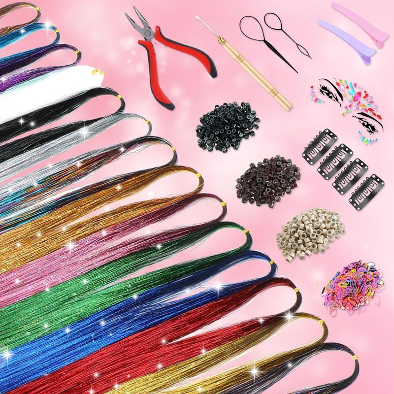 20 Colors Hair Tinsel Kit with Tools 48 Inch 4600 Strands Fairy Hair Tinsel Heat Resistant Glitter Tinsel Hair Extensions Hair Accessories Hair Tinsel Kit for Girls Women (20 Colors)