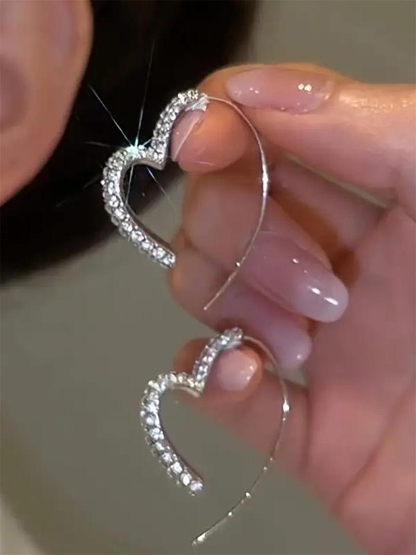 Rhinestone Decorated Hoop Earrings, Elegant Heart Design Earrings for Women, Fashion Jewelry for Party, Daily Clothing Decor, Trendy All-match & Exquisite Jewelry for Gift