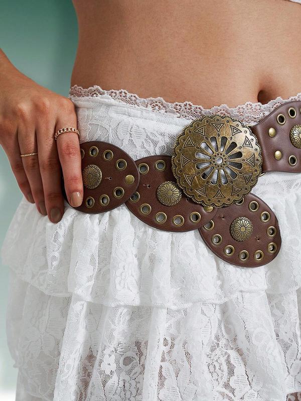 Women's Vintage Western Style Grommet Eyelet Decorated PU Buckle Belt, Boho Style Buckle Belt for Daily Clothing Decor, Trendy All-match & Exquisite Belt for Birthday Gift