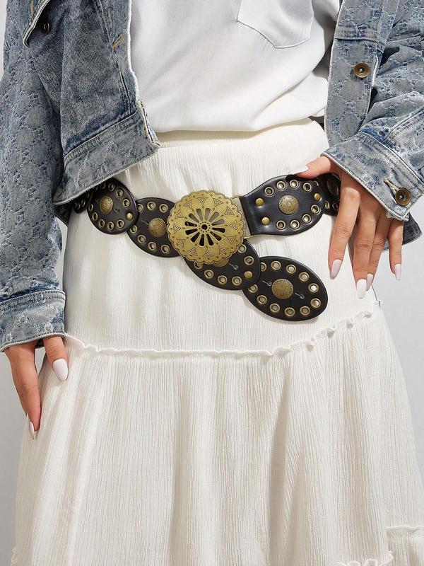 Women's Vintage Western Style Grommet Eyelet Decorated PU Buckle Belt, Boho Style Buckle Belt for Daily Clothing Decor, Trendy All-match & Exquisite Belt for Birthday Gift