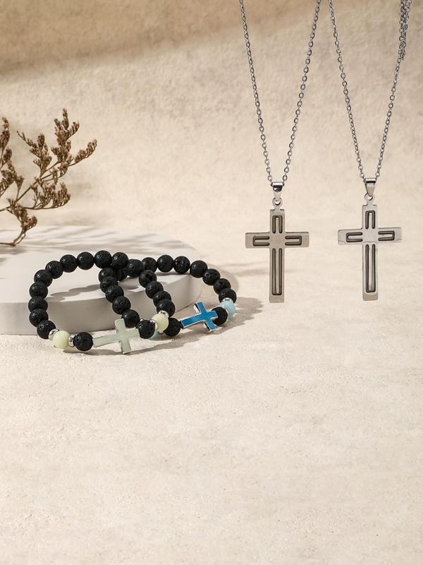 Luminous Cross Necklace & Beaded Bracelet, Fashion Jewelry Set for Party, Daily Clothing Decor, Trendy All-match & Exquisite Jewelry for Birthday Gift