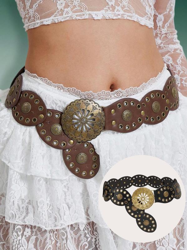 Women's Vintage Western Style Grommet Eyelet Decorated PU Buckle Belt, Boho Style Buckle Belt for Daily Clothing Decor, Trendy All-match & Exquisite Belt for Birthday Gift