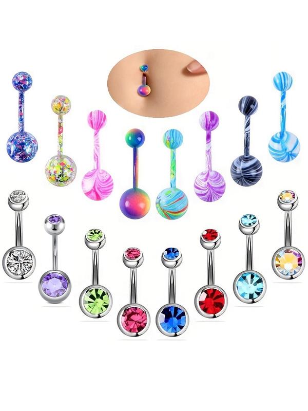 Rhinestone Decor Ball Design Belly Rings, 16pcs set Fashion Belly Piercing Jewelry for Women & Girls for Party, Daily Clothing Decor, Trendy All-match & Exquisite Body Jewelry for Birthday Gift