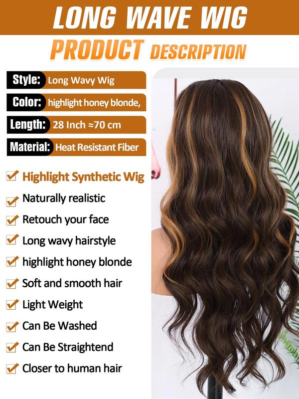 Highlight Long Body Wavy Wigs for Women, Natural Looking Gorgeous Fluffy Wigs without Bangs, Synthetic Full Machine Wigs for Party, Daily Use