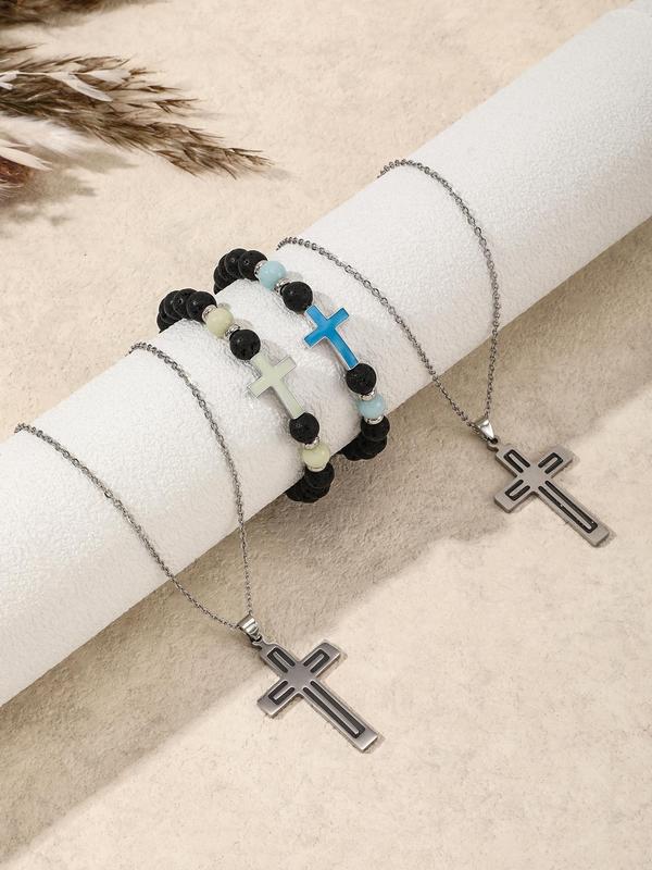 Luminous Cross Necklace & Beaded Bracelet, Fashion Jewelry Set for Party, Daily Clothing Decor, Trendy All-match & Exquisite Jewelry for Birthday Gift