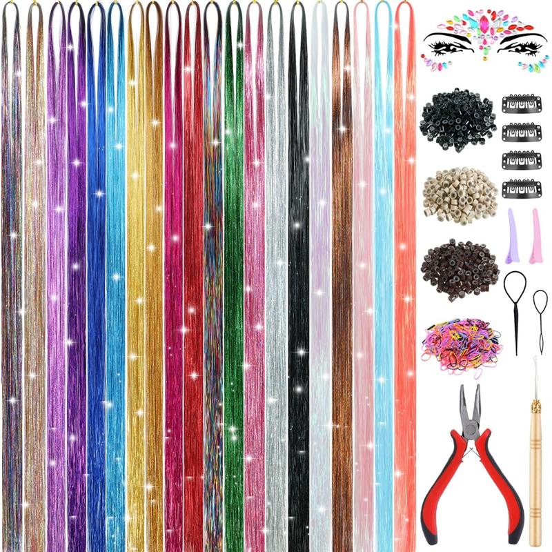 20 Colors Hair Tinsel Kit with Tools 48 Inch 4600 Strands Fairy Hair Tinsel Heat Resistant Glitter Tinsel Hair Extensions Hair Accessories Hair Tinsel Kit for Girls Women (20 Colors)