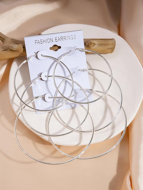 3 Pairs Minimalist Plain Alloy Hoop Earrings, Casual Versatile Party Accessories for Women