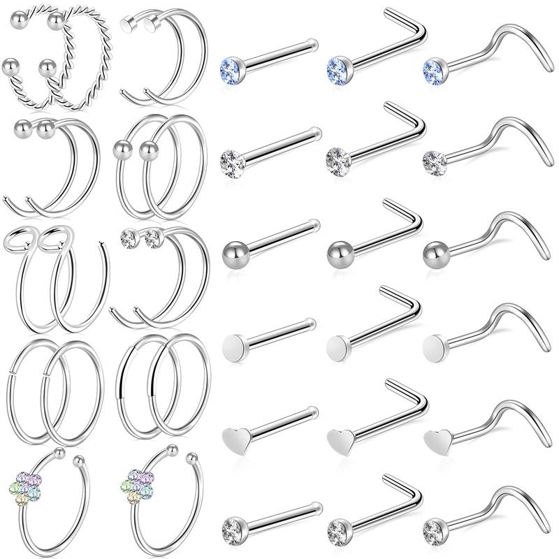 9 - 40 pieces of 20G nose rings for women and men. Hoops, L - shape studs with screw, hypoallergenic, surgical stainless steel, for nose piercings.