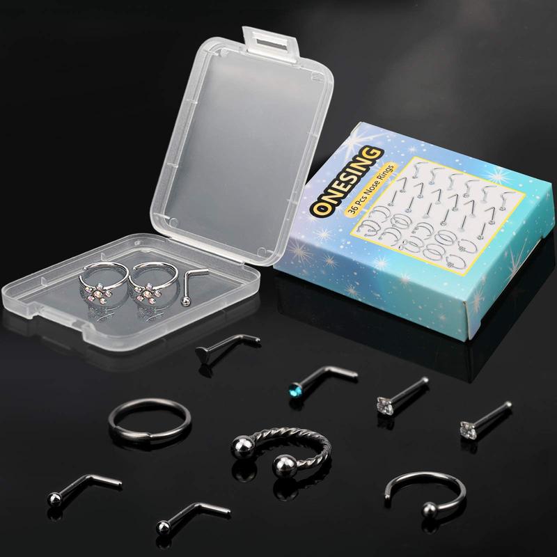 9 - 40 pieces of 20G nose rings for women and men. Hoops, L - shape studs with screw, hypoallergenic, surgical stainless steel, for nose piercings.