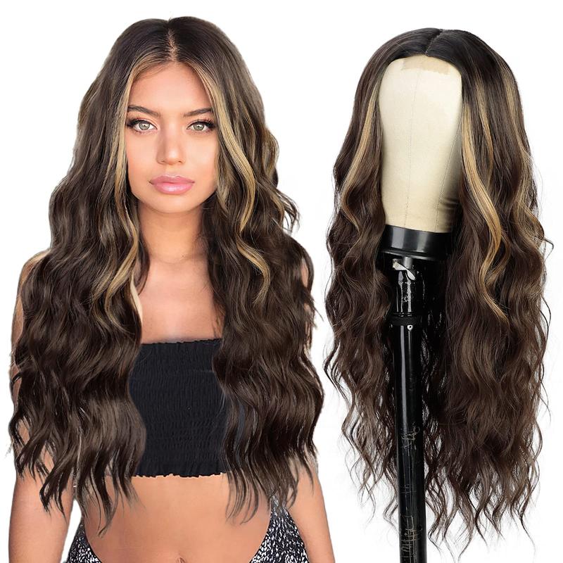 AISI HAIR Long Wavy Middle Part Wig for Women Synthetic Curly Wigs Natural Wavy Heat Resistant Wig for Daily Party Use 24inch