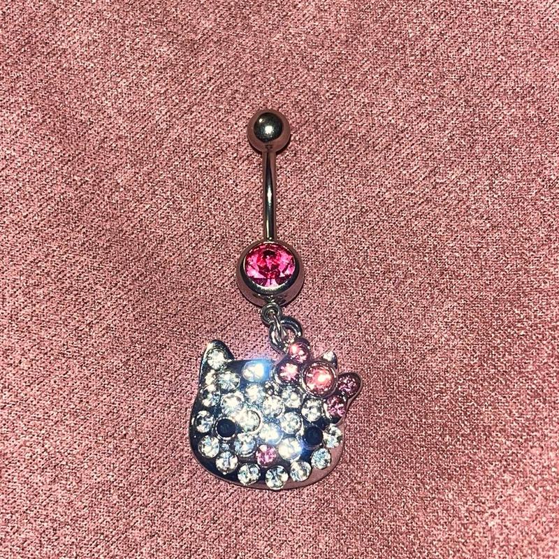 Pink Pendant Rhinestone Cat Belly Ring, 14 Gauge