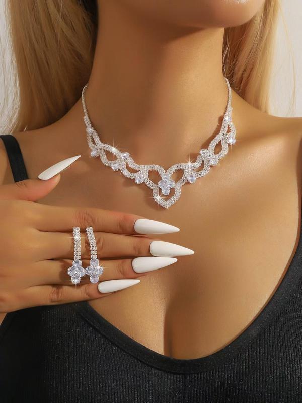 Women's Elegant Rhinestone Decorated Necklace & Earrings & Bracelet, Exquisite Trendy Jewelry Set, Fashionable Accessories for Party & Daily Clothing Decor