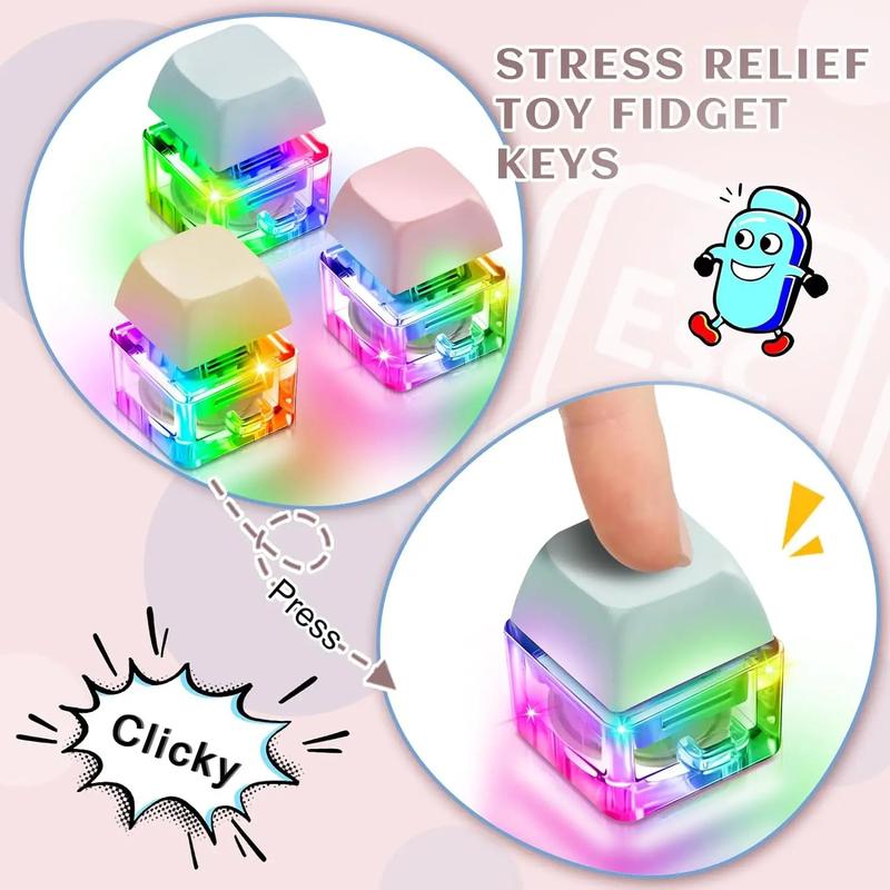 Keyboard Fidget Keychain with LED Light Keycap Stress Relief Toys Key