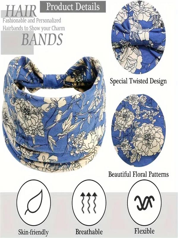 Boho Style Floral Print Knot Design Hair Band, High Stretch Hair Tie for Women & Girls, Minimalist Headwear Suitable for Outdoor Sports