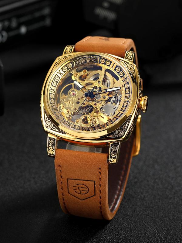 Men's Business Fashion Hollow Out Square Dial Mechanical Watch, Engraved Dial Watch, with Box, Trendy All-match & Exquisite Watch for Birthday Gift