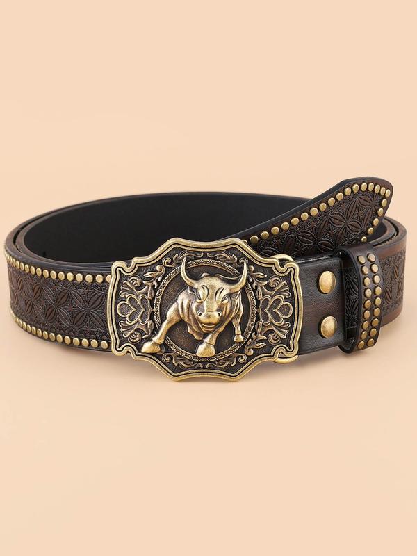 Vintage Bull Head Decor PU Buckle Belt, Fashionable Studded Decor Belt for Men & Women, Casual Waistband for Jeans Trousers