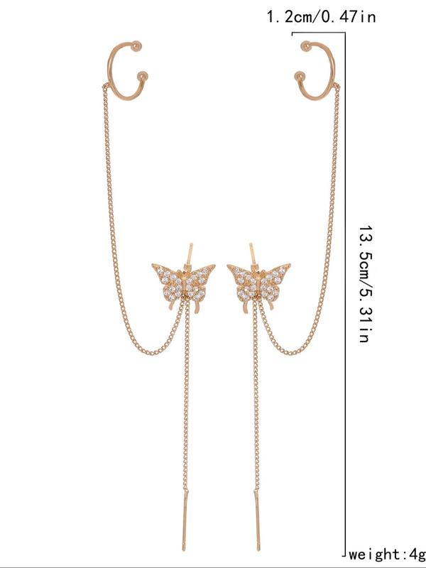 Women's Elegant Trendy Rhinestones Decorated Dangle Earrings with Butterfly Design, Cute Jewelry, Exquisite Tassel Decorated Dangle Earrings for Party & Daily, Classic Fashion Accessories for Daily Wear