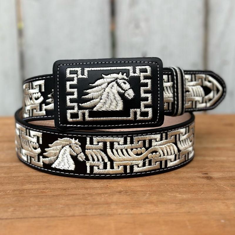 Black and White “Horse” Embroidered Belt with Rectangular Buckle - Western Belts for Men