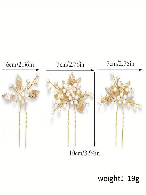 Faux Pearl Decor Flower & Leaf Design Hair Pins, 3 Counts set Elegant Hair Pins for Wedding Party, Exquisite Bridal Headwear for Women & Girls