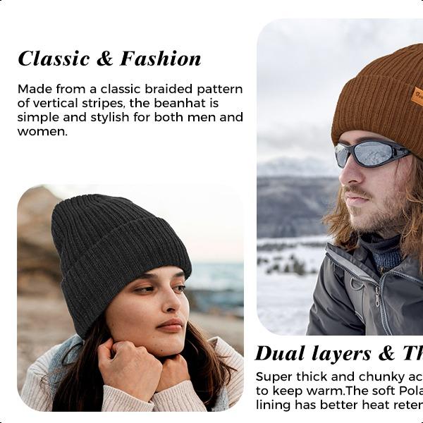 Beanie Hats for Men Women Fleece Winter Hat Chunky Knit Skull Stocking Caps for Guys Thermal Snow Hat Heated Cuffed Gift Christmas gift