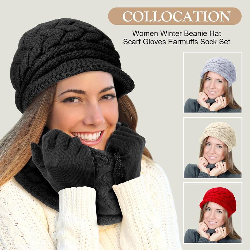 6 count Winter Hat Gloves Scarf Earmuffs Socks Set Knit Beanie Hat Neck Touch Screen Mittens Fleece for Women