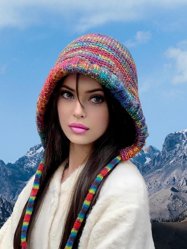 Colorblock Crochet Hat with Ear Cover, Boho Style Warm Hat with Ear Cover for Women, Country Hats, Fashion Accessories for Fall & Winter