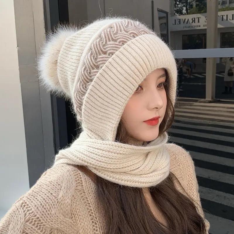 Women's scarf Fashion autumn winter hat ear muffs Snow bib one hat wool knit cover hat