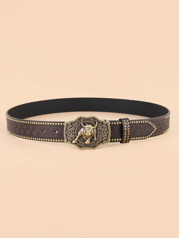 Vintage Bull Head Decor PU Buckle Belt, Fashionable Studded Decor Belt for Men & Women, Casual Waistband for Jeans Trousers