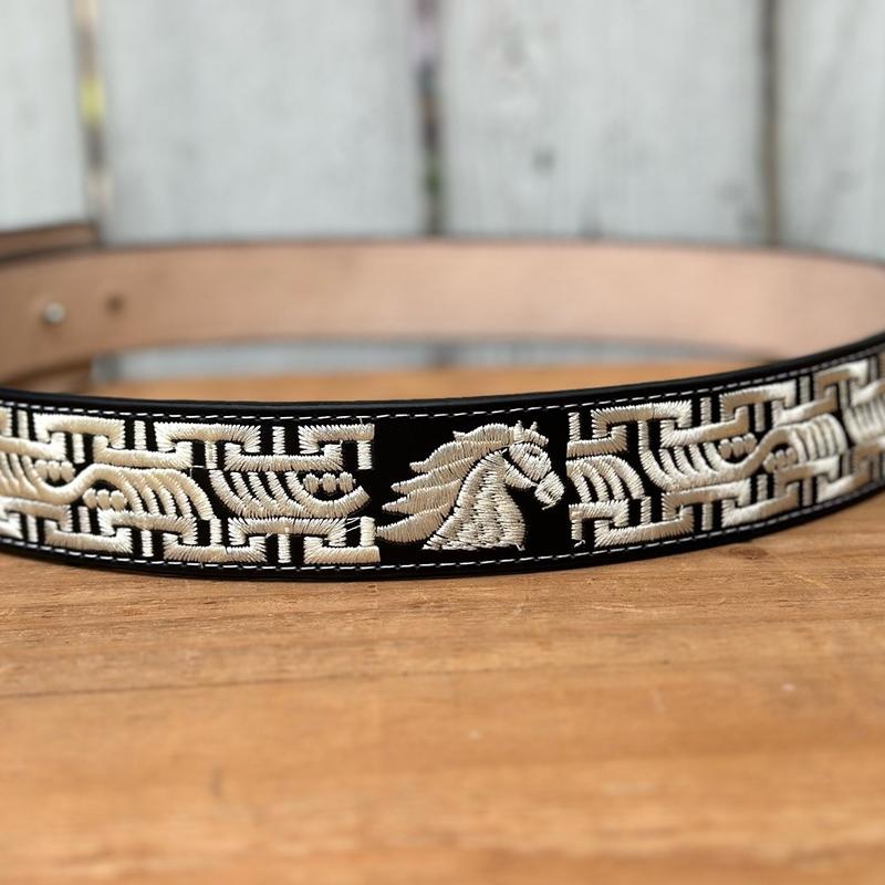 Black and White “Horse” Embroidered Belt with Rectangular Buckle - Western Belts for Men