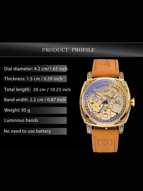 Men's Business Fashion Hollow Out Square Dial Mechanical Watch, Engraved Dial Watch, with Box, Trendy All-match & Exquisite Watch for Birthday Gift