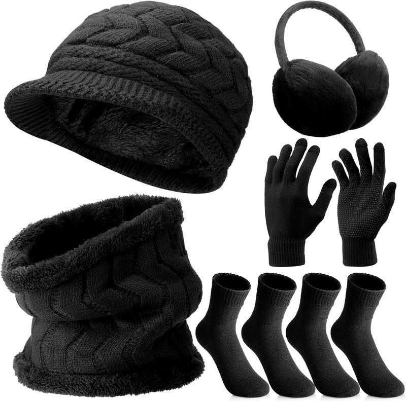 6 count Winter Hat Gloves Scarf Earmuffs Socks Set Knit Beanie Hat Neck Touch Screen Mittens Fleece for Women