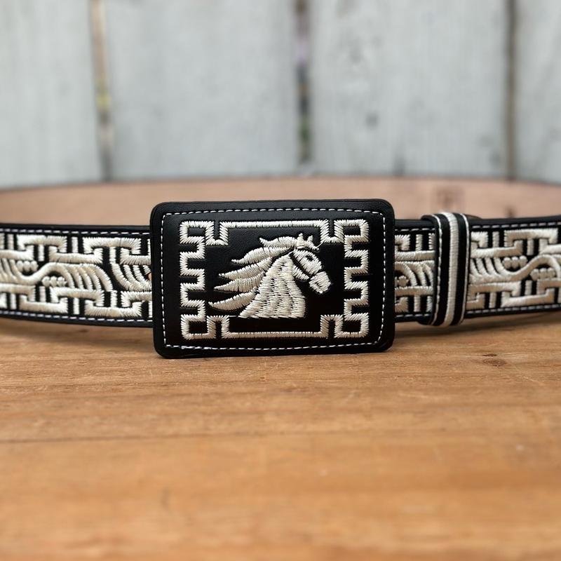 Black and White “Horse” Embroidered Belt with Rectangular Buckle - Western Belts for Men