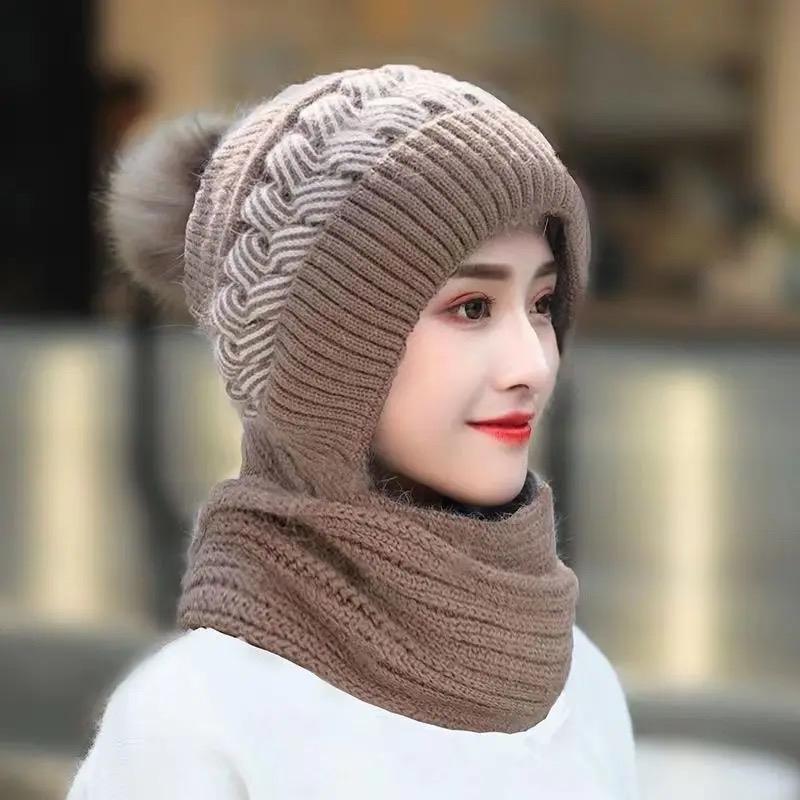 Women's scarf Fashion autumn winter hat ear muffs Snow bib one hat wool knit cover hat