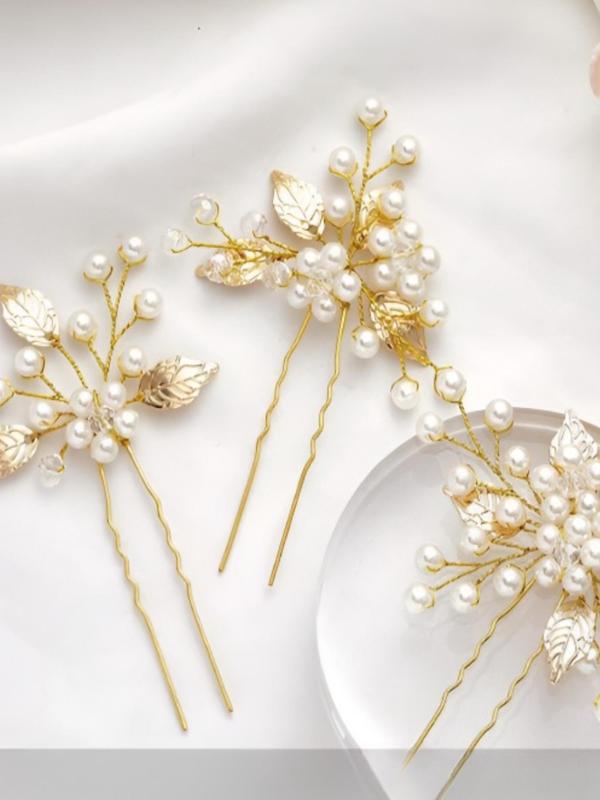 Faux Pearl Decor Flower & Leaf Design Hair Pins, 3 Counts set Elegant Hair Pins for Wedding Party, Exquisite Bridal Headwear for Women & Girls