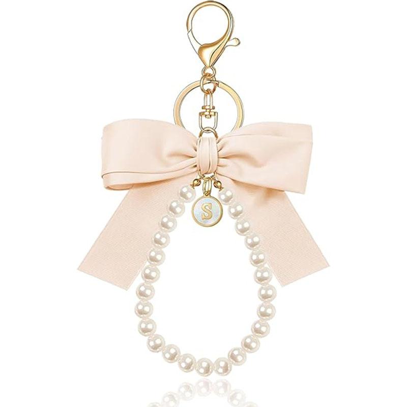 Initial Letter Cute Coquette Bow Keychain for Women, Wristlet Simulated Pearl Keychains Bag Charms for Handbags