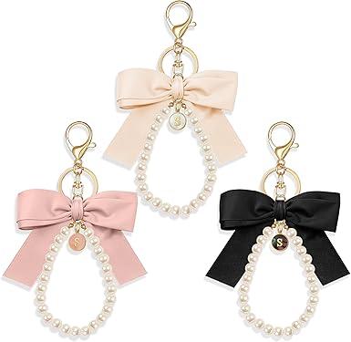 Initial Letter Cute Coquette Bow Keychain for Women, Wristlet Simulated Pearl Keychains Bag Charms for Handbags