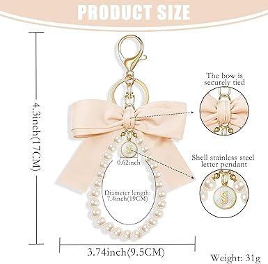 Initial Letter Cute Coquette Bow Keychain for Women, Wristlet Simulated Pearl Keychains Bag Charms for Handbags