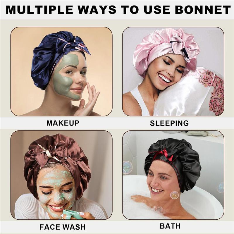 Double-Layer Solid Color Satin Bonnet Silk Like Texture Sleeping Cap for Women Curly Hair Wrap Adjustable Reversible with Tie Band Nightcap Bonnets