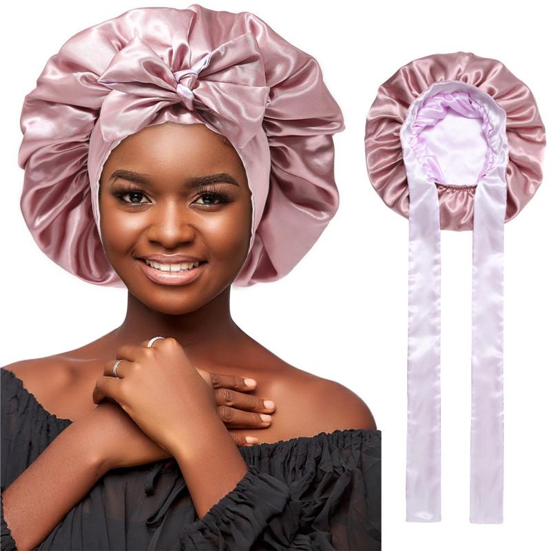 Double-Layer Solid Color Satin Bonnet Silk Like Texture Sleeping Cap for Women Curly Hair Wrap Adjustable Reversible with Tie Band Nightcap Bonnets