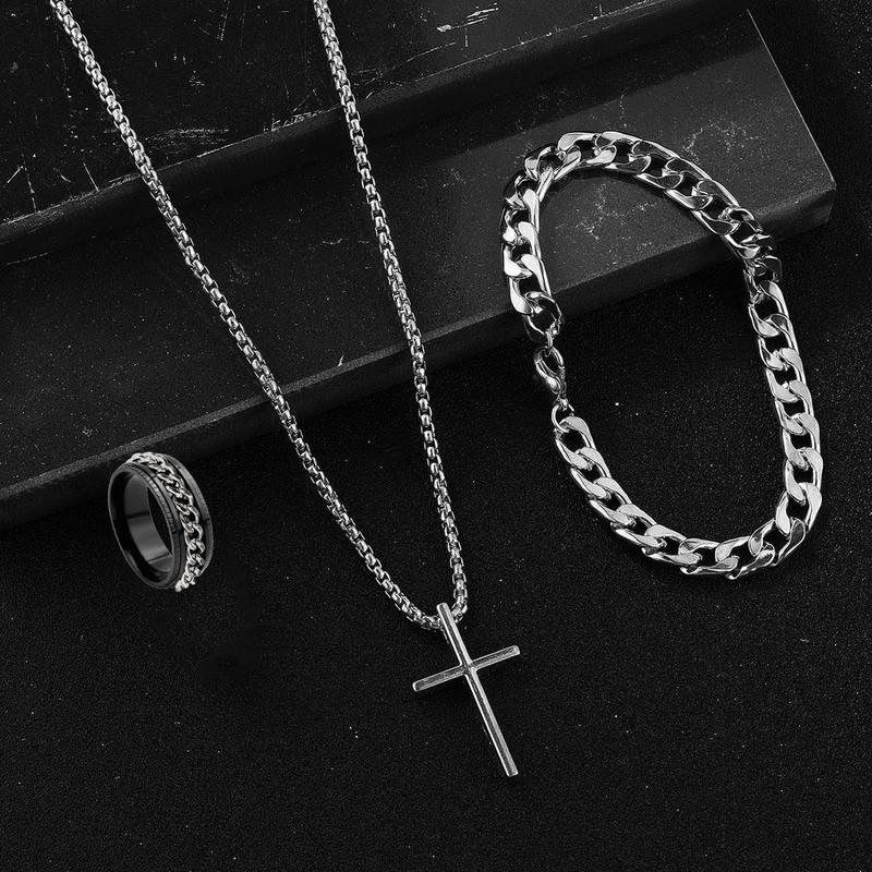 3sets men's fashion alloy cross pendant necklace + bracelet + ring set